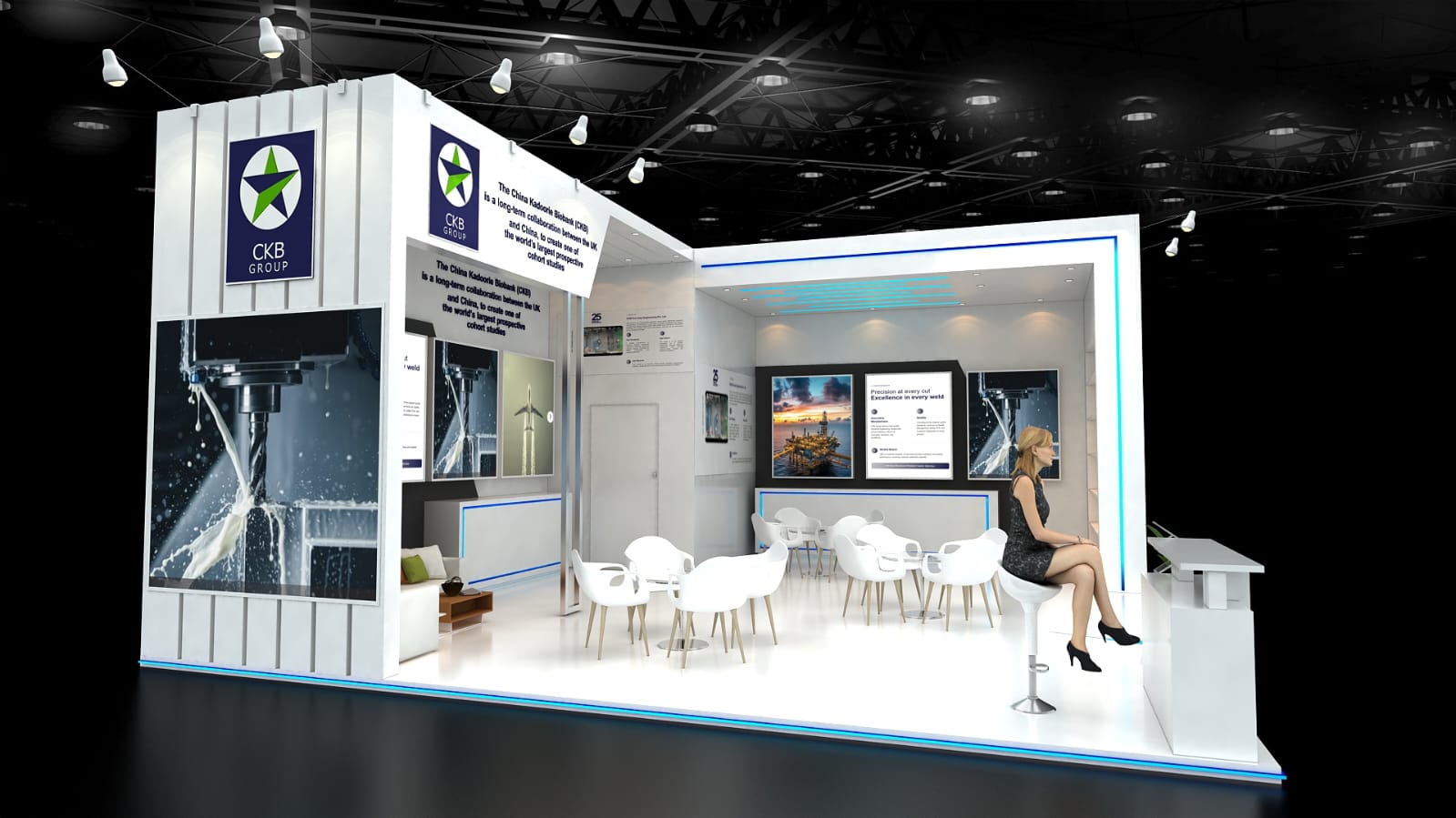 AI-generated 3D exhibition stall render with wood panels, black fascia, LED video wall, pendant lighting and greenery decor